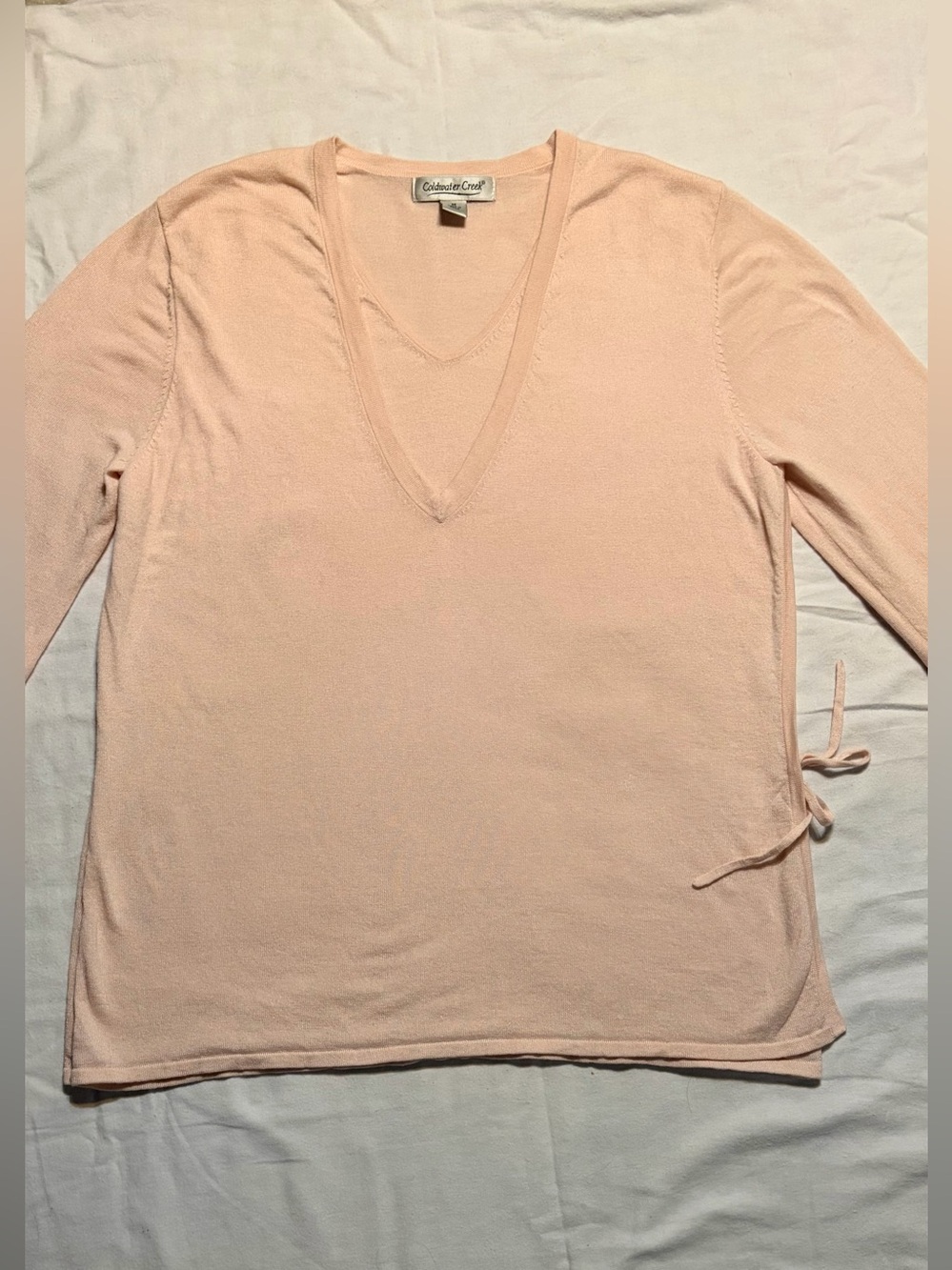 VTG Coldwater Creek Light Peach V-Neck Long Sleeve Tunic with Side Tie